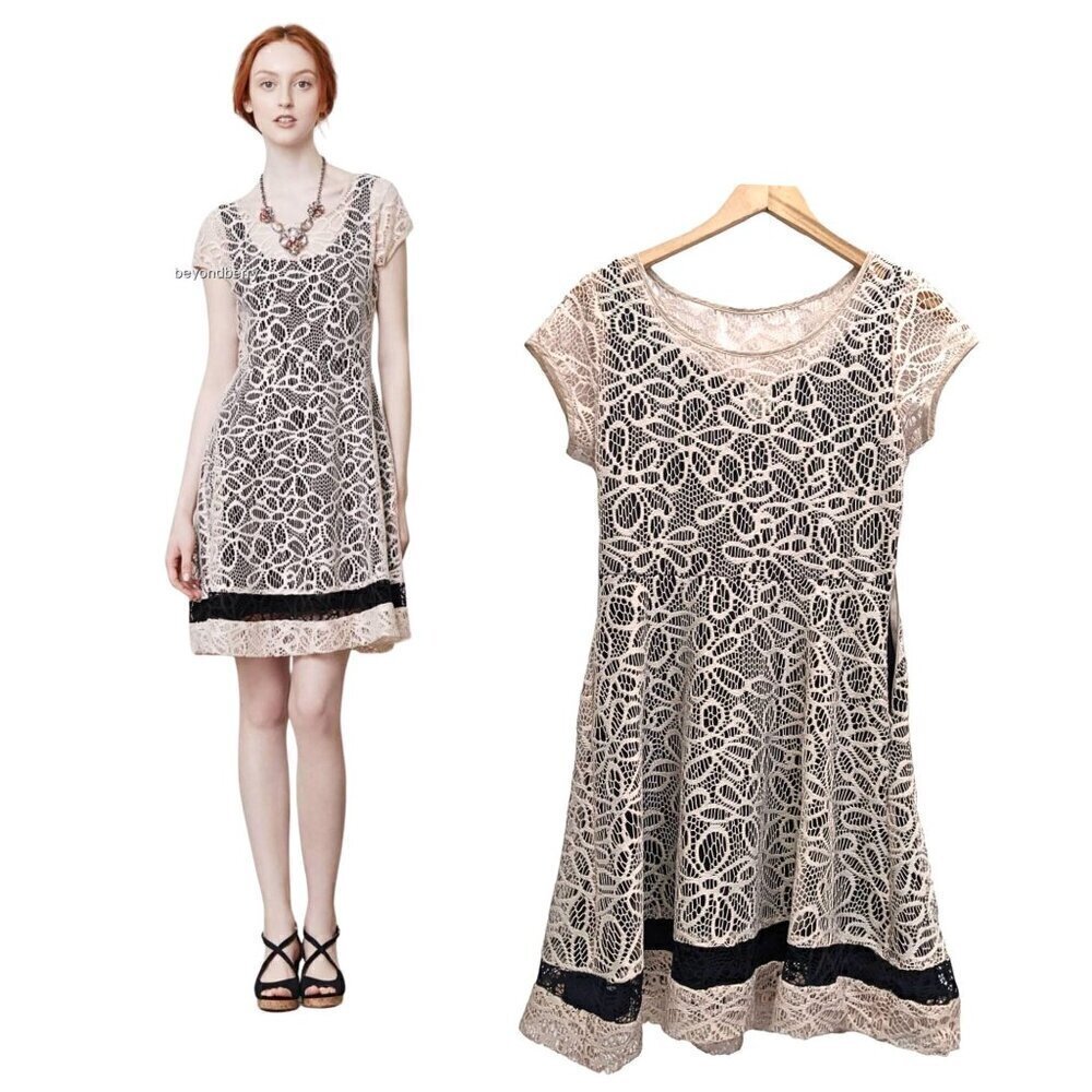 Anthropologie WESTON WEAR Maitland Cream & Black Crochet Lace Mini Dress Sz S